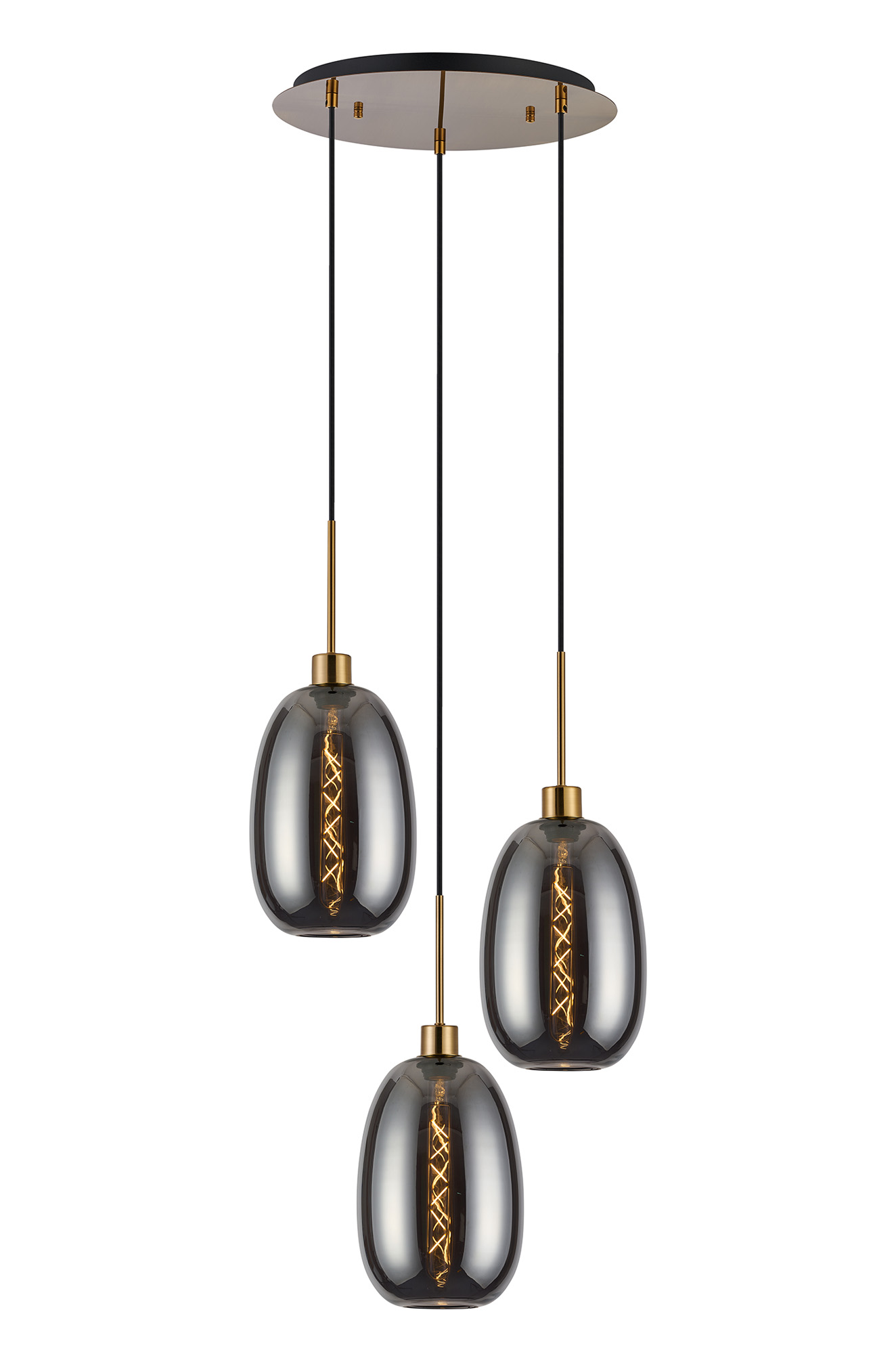 DK1185  Lori 40cm Round Pendant, 3 Light Adjustable E27, Antique Gold/Smoke Slim Curved Trapezium Shades
